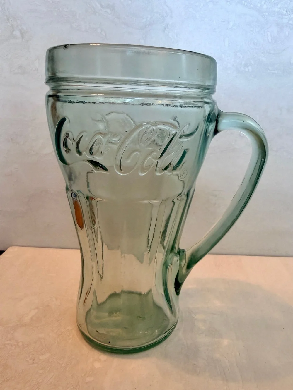 Coca Cola 6.5” Light Green Water Drinking Glass Mug with Handle Unique